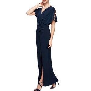 ALEX EVENINGS
Navy Knot Front Jersey Maxi Dress Front Slit Embellished Sleeve